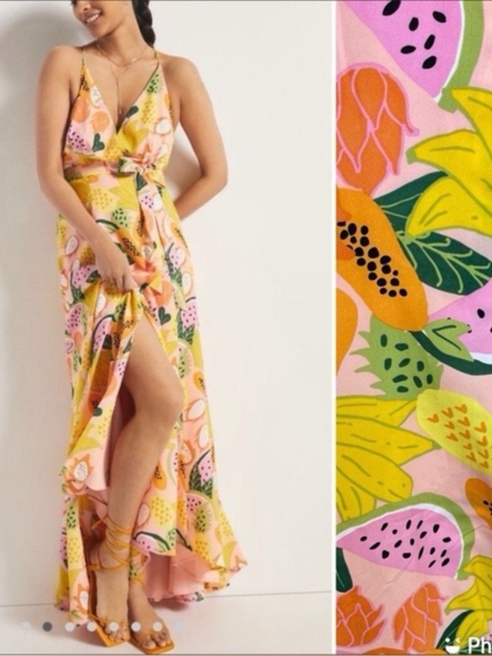 Hutch Tropical Fruit Print Wrap Maxi Dress Pink Yellow High Low Small